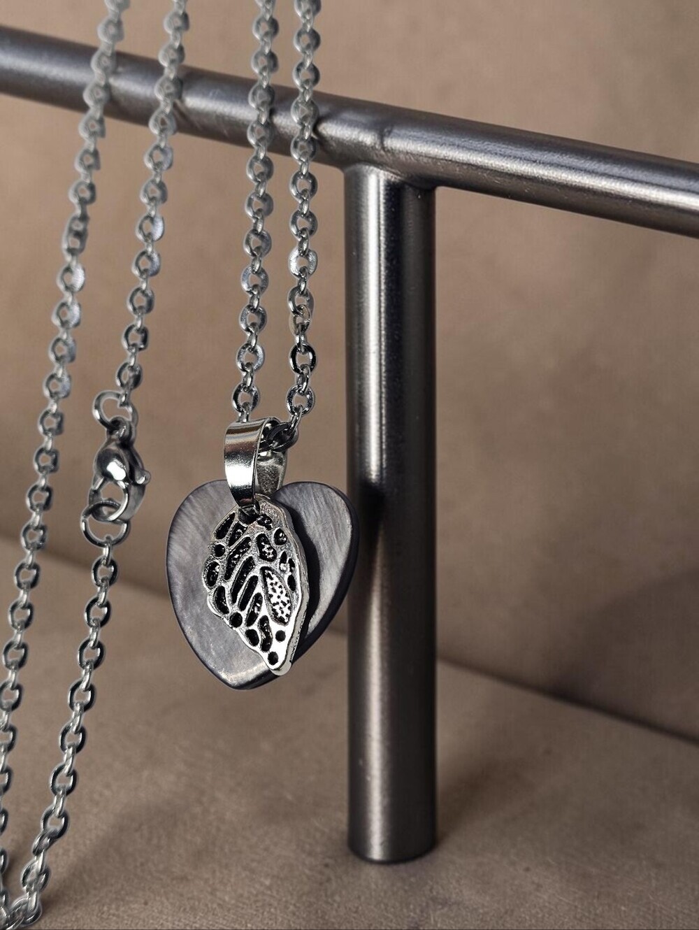 Heart Pendant Necklace with Filigree Leaf Accent - Silver